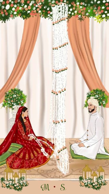 Nikah Ceremony Invitation Card, Nikah Illustration, Muslim Wedding Caricature, Muslim Couple Illustration Wedding, Nikah Couple, Pakistani Wedding Cards, Groom Cartoon, Wedding Illustration Card, Couple Illustration Wedding