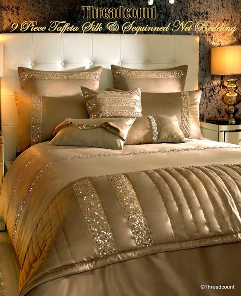 Designer Bed Sheets, Gold Bedroom, Elegant Bedroom, Dreamy Bedrooms, Gray Bedroom, Bed Linens Luxury, Bed Linens, Master Bedrooms, Beautiful Bedding