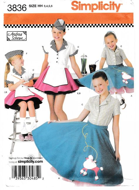 Simplicity 3836 Girls Costume Sewing Pattern Poodle Skirts Soda Fountain Outfits Child Sizes 3-4-5-6 Waitress Costume, Girls Poodle Skirt, 1950s Poodle Skirt, Diner Waitress, Poodle Skirt Costume, Halloween Costume Sewing Patterns, Waitress Outfit, Car Hop, Apron Sewing Pattern