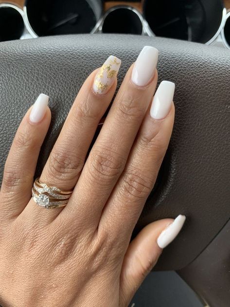 White Acrylic Nails With Gold Flakes, White Gold Flakes Acrylic Nails, Good Flake Acrylic Nails, White Gel Nails With Gold Flakes, White Nails W Gold Flakes, Coffin Gold Flake Nails, White Gold Short Nails, Gel Nail Designs Gold Flakes, Cute Short Acrylic Nails White And Gold