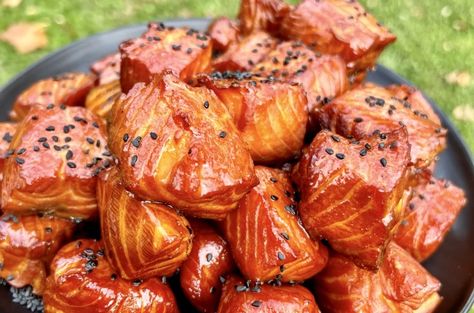 Grilled Salmon Bites, Bourbon Glazed Salmon Bites, Salmon Bits, Sweet Chili Salmon Bites, Teriyaki Salmon Bites Air Fryer, Beer Battered Fries, Grill Nation, Maple Salmon, Salmon Teriyaki