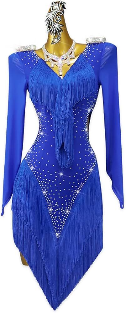 Amazon.com : kzytamz Women's Fringed Latin Dance Dress Rhinestones Tango Cha Cha Practice Dresses Long Sleeves Latin Performance Dress (XL,Blue) : Clothing, Shoes & Jewelry Cha Cha Outfit, Cha Cha Dress Dance, Swift Outfits, Dance Competition Dress, Dresses Long Sleeves, Latin Dance Dress, Blue Clothing, Tango Dress, Competition Dress