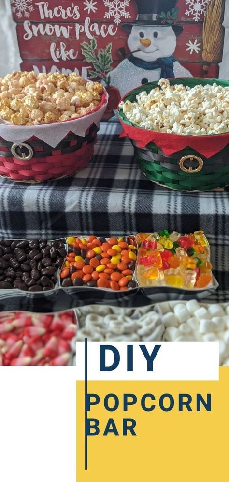 DIY popcorn bar ideas. Simple inexpensive popcorn bar for movie night and parties. Popcorn Bar Christmas, Christmas Popcorn Bar Ideas, Christmas Eve Movie Night Ideas, Christmas Popcorn Bar, Popcorn Bar Ideas, Popcorn Bar Toppings, Family Movie Night Ideas, Diy Popcorn Bar, Popcorn Toppings