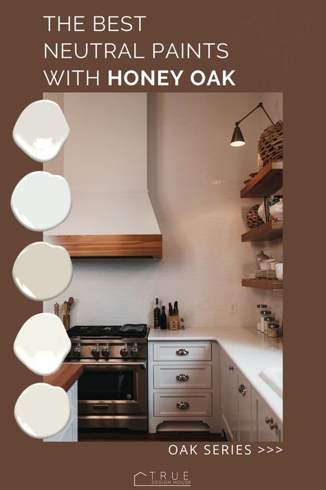 Minimalist Glam Decor, Oak Kitchen Cabinets Wall Color, Oak Floor Living Room, Honey Oak Trim, Home Color Palettes, Neutral Wall Colors, Floor Paint Colors, Best Neutral Paint Colors, Minimalist Glam