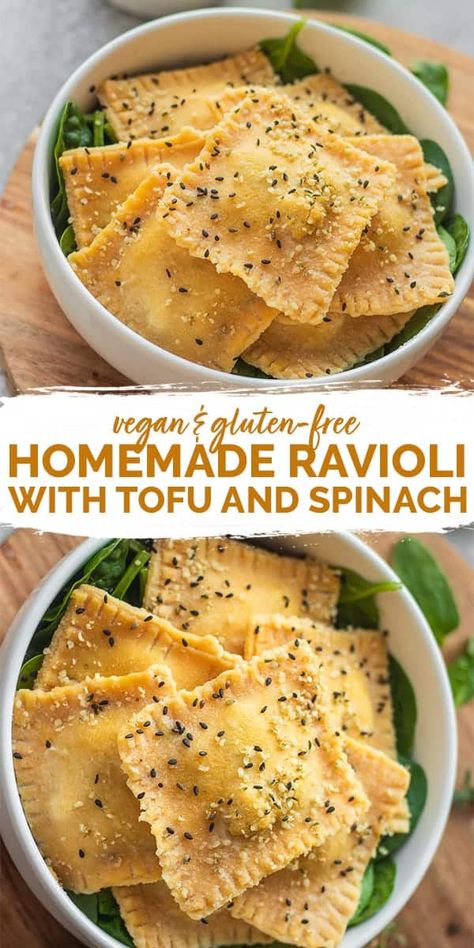 Vegan Ravioli Recipe, Tofu And Spinach, Gluten Free Ravioli, Easy Tofu, Spinach Filling, Vegan Ravioli, Resep Pasta, Homemade Ravioli, Avocado Pesto