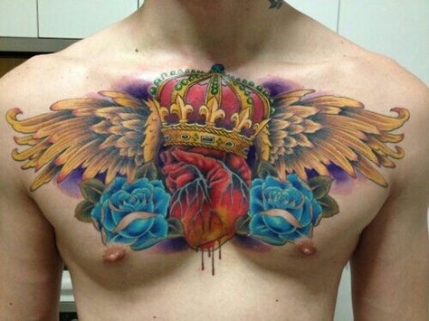 Heart chest piece Chest Tattoo Wings, Rose Chest Tattoo, Tattoo Colour, Anatomical Heart Tattoo, Crown Tattoo Design, Cloud Tattoo, Chest Piece Tattoos, Chest Tattoo Men, Crown Tattoo