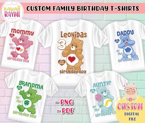 Care bears family birthday shirt- Digital design www.kawaiiraymi.com #carebears #birthdayshirt #carebearspartyprintable Care Bears Birthday, Birthday Family Shirts, Care Bear Birthday, Birthday Logo, Bear Party, Party Bundles, Mug Template, Family Birthday, Bear Birthday