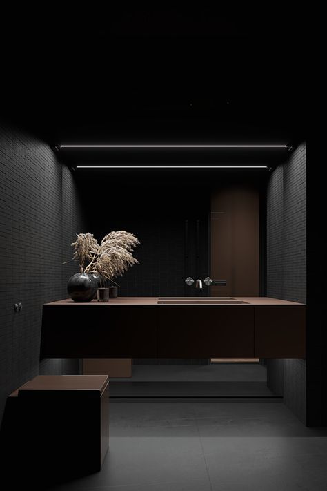 Black Shower Room, Brutalist Bathroom, Male Interior Design, Dark Bathroom Design, Black Bathroom Ideas, Modern Black Bathroom, Dark Interior Design, Dark Bathroom, Modern Bathroom Ideas