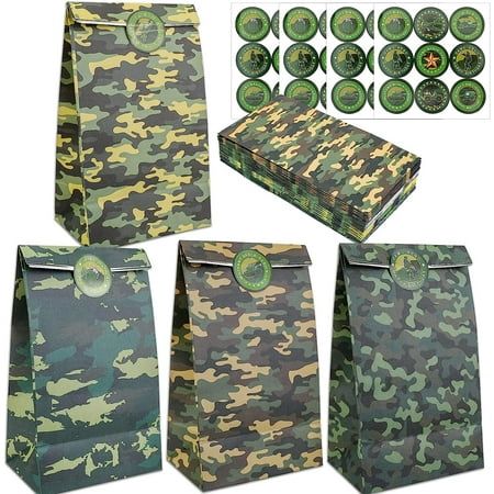 You will receive 24 camouflage candy bags and 36 sealing stickers. There are camouflage prints on each bag. Unique and innovative candy bags will add highlights to your party!  Military camouflage-themed paper bags, the color of the biscuit bag is green, and there are 4 different styleseach style has 6 bags. The size is 3.15x4.7x8.6 inch (8x12x22 cm).  The bottom is flat and foldable, and the bottom is flat, which can be placed on the dining table. Foldable and sealed, easy to pack candies, bisc Camouflage Party, Army Birthday Parties, Army Party, Halloween Gift Bags, Candy Birthday Party, Candy Cookie, Party Candy, Cookie Bags, Candy Cookies