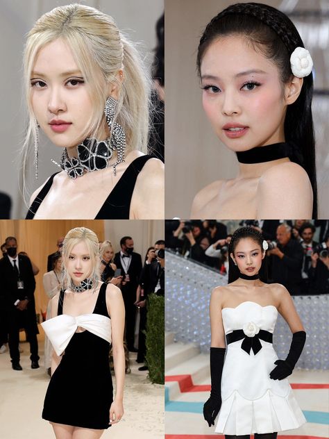 Rosé White Dress Blackpink, Ysl Black And White, Rosé Dress Blackpink, Jennie And Rose, Rosé White Dress, Jennie Met Gala, Blackpink Dress, Ysl Dress, Rosé Ysl