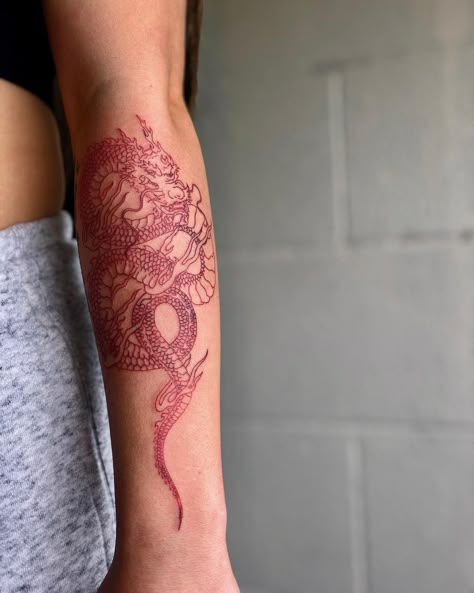 Wrist Tattoos Dragon, Red Dragon Forearm Tattoo, Chinses Style Tattoo, Dragon Dance Tattoo, Mulan Dragon Tattoo, Traditional Chinese Dragon Tattoos, Red Dragon Tattoo For Women, Chinese Dragon Tattoos For Women, Red Chinese Dragon Tattoo