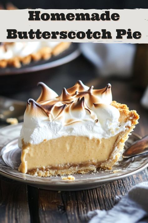 This rich, creamy butterscotch pie with toasted meringue features a velvety-smooth caramel filling and a fluffy, sticky-sweet topping. Caramel Meringue Pie, Best Butterscotch Pie, Butterscotch Meringue Pie, Butterscotch Caramel Cake, Old Fashion Butterscotch Pie, Amish Creamy Peanut Butter Pie, Old Fashioned Butterscotch Pie, Dolly Parton Butterscotch Pie, Pies With Meringue Topping