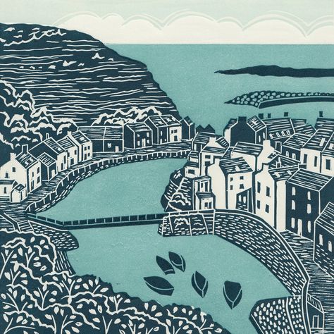 Staithes Steps linocut, Yorkshire coast art for sale | Michelle Hughes Staithes Yorkshire, Wal Art, Lino Printing, Linocut Printmaking, Lino Art, Lino Cut, Linocut Art, Woodcuts Prints, British Countryside