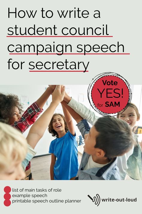 Image: a group of smiling middle school students linking raised hands in a circle. Text: How to write a student council campaign speech for secretary. List of the main tasks of the role, an example speech and a printable speech outline planner. How To Write A Speech Student, Campaign Speech Student Council, Speech Ideas For Student Council, Good Student Council Speeches, Student Council Secretary Speech, Funny Student Council Speeches, Student Council Speech Examples, Class Representative Speech, Student Council Speech