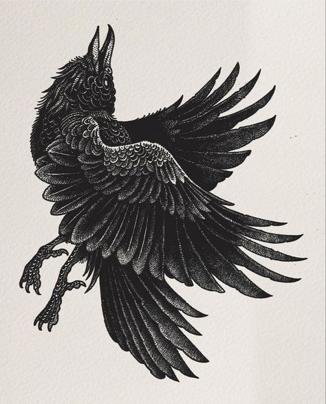 Raven Tattoo Flying, Woodcut Crow Tattoo, Crow Skeleton Tattoo, Woodland Tattoo Ideas, Crow Back Tattoo, Neo Traditional Crow, Maffia Tattoo, Traditional Raven Tattoo, Nordic Raven Tattoo