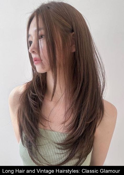 Long Hair and Vintage Hairstyles: Classic Glamour #brownhairs Long Hairstyles Asian, Japanese Haircut, Long Shag Haircut, Asian Haircut, Classic Glamour, Hair Inspiration Long, Hair Haircuts, Haircuts Straight Hair, Shag Haircut