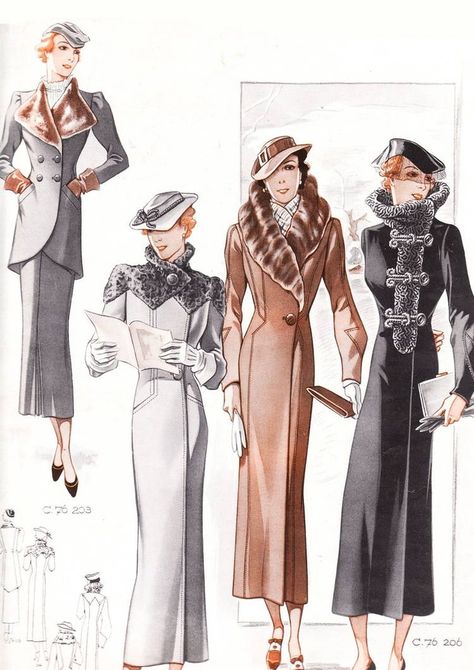 1930's | 1930's Fashion. Inspiration for Catharine and Mimi's winter coats and… 40s Mode, 1930 Fashion, 1930's Fashion, Mode Mantel, Patron Vintage, 30s Fashion, 20th Century Fashion, Fashion School, Long Coats