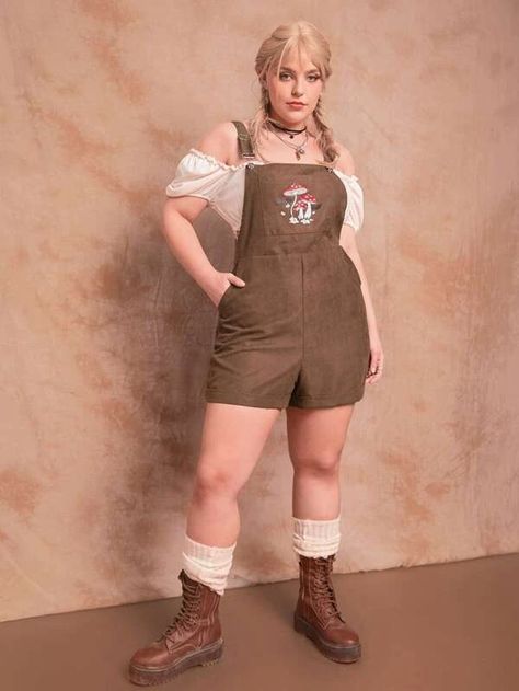 ROMWE Plus Mushroom Embroidery Overall Romper Without Top | SHEIN USA Cottagecore Plus Size Outfit, Mushroom Overalls, Cottagecore Overalls, Cottagecore Plus Size, Mushroom Outfit, Witch Clothes, Mushroom Embroidery, 2021 Aesthetic, Overall Romper