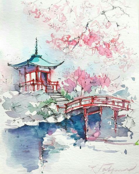 Architecture Japan, Japan Wallpaper, Japan Watercolor, Landscape Embroidery, 심플한 그림, Architecture Drawing Sketchbooks, Drawing Architecture, Aquarelle Art, Japan Landscape