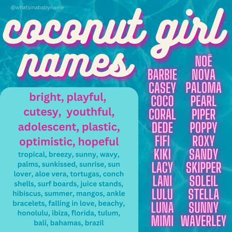 There's a huge overlap between Coconut Girl and Barbiecore Names... Coconut Girl Names feel like they live in a conch house in the Florida Keys. They’re jovial, optimistic, and spread laughter and sunshine 🌞 Victorian Names, Conch House, List Of Girls Names, Tropical Girl, Aesthetic Names, Horse Names, The Florida Keys, Name List, Writing Stuff