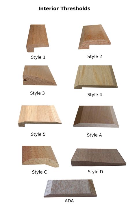 These are Solid Hardwood Interior Thresholds- All UNFINISHED No Veneers Made from stain grade Red Oak wood. Great for both staining or painting Transition style thresholds let you bridge the height gap between two room's floors, while the flat-bottomed thresholds help you cover up the tranistion from one floor type to another Certain styles are in available in different widths, and all styles are available in varying lengths In Stock , Ready To Ship Threshold Transition Ideas, Wood Threshold Transition, Threshold Transition, Room Transition, Floor Transitions, Threshold Design, Tile To Wood Transition, Floor Transition Strip, Interior Stair Railing