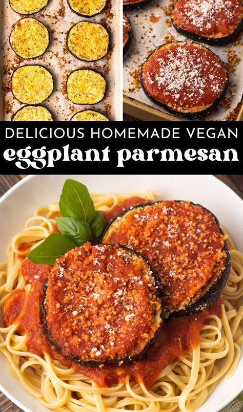 This Eggplant Parmesan is tender on the inside and crispy on the outside, topped with marinara sauce and your cheese of choice. Enjoy this cozy vegan dinner with a serving of pasta. Whether you’re cooking for your family or entertaining guests, this vegan eggplant parmesan recipe is a crowd-pleaser that is sure to satisfy everyone’s taste buds. Eggplant Recipes Vegan, Vegan Sandwich Ideas, Vegetarian Eggplant Recipes, Vegan Eggplant Recipes, Roasted Recipes, Delicious Vegan Meals, Vegan Eggplant Parmesan, Eggplant Parmesan Recipe, Eggplant Recipes Easy