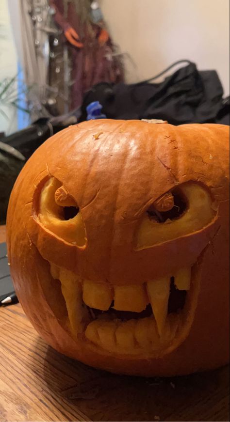 Pumpkin With Pumpkin In Mouth Carving, Angry Pumpkin Carving, Insane Pumpkin Carving, Pumpkins Craving, Pumpkin Teeth Carving, Marvel Pumpkin Carving Ideas, Pumpkin Carving Hard, Tall Pumpkin Carving Ideas, Hard Pumpkin Carving Ideas