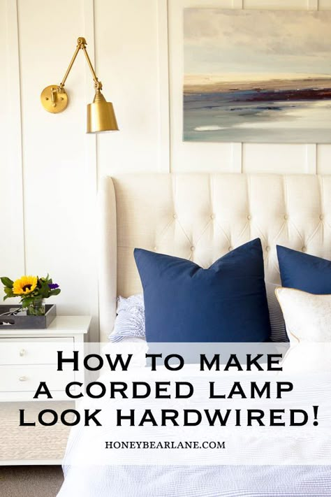 I figured out how to make a corded lamp look hardwired!  Not “hiding” them in plain site by a cord cover or whatever, but how to hide plug in lamp cords IN the wall. #lamp #walllamp #hardwiring Hide Cords On Wall, Plug In Lamp, Hide Electrical Cords, Pendant Light Cord, Plug In Wall Lamp, Hide Cords, Plug In Pendant Light, Sconces Living Room, Plug In Wall Lights