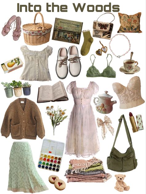 Cottagecore inspired mood board for the artists and bakers in the woods Aesthetic Artist Outfit, Cottagecore Outfit Fall, Cottagecore Outfit For School, Into The Woods Inspired Outfits, Cottage Core Clothing Style, Fall Fashion Cottage Core, Baker Aesthetic Outfit, Cottage Girl Outfit, Baker Outfit Aesthetic