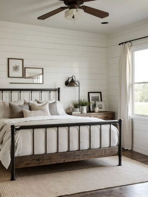 Gray Iron Bed, Ideas For Above The Bed, Farmhouse Reno, Farm Bedroom, Farmhouse Bedrooms, Cabin Bedroom, Bedroom Remodel, Master Room, Farmhouse Bedding