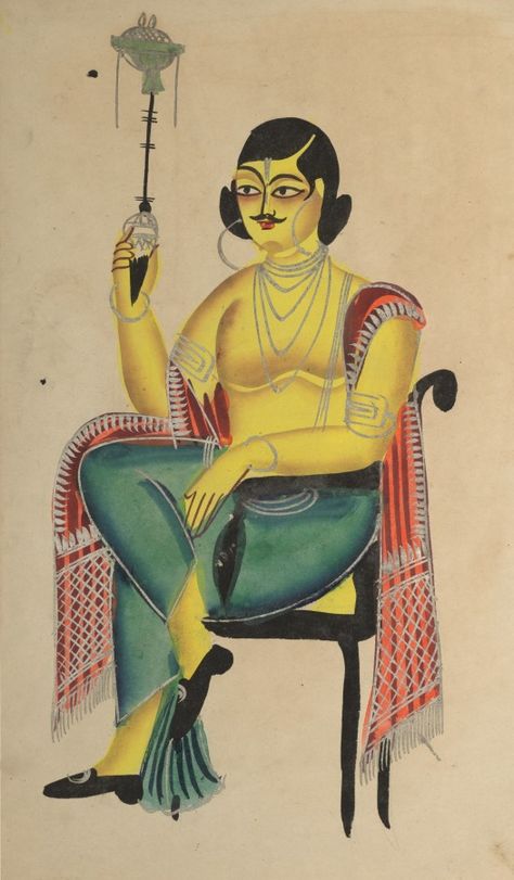 Love this palette | English Babu (Native Indian Clerk) Holding a Hookah, 1800s | India, Calcutta, Kalighat painting, 19th c Indian Folk Painting, Kali Temple, Scroll Painting, Folk Painting, Cleveland Museum Of Art, Indian Folk Art, Indian Paintings, Gods And Goddesses, Kolkata