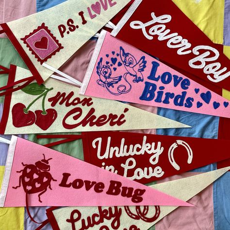 Embroidered using a vintage chainstitch machine from the 60s. These valentine pennants are the perfect gift for yourself or your love! Valentine Pennant, Diy Pennant, Pennant Flags, Chain Stitch Embroidery, Felt Pennants, Pennant Flag, Magnum Opus, Card Drawing, Heart Cake