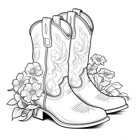 Boots Tattoos For Women, Country Coloring Pages For Adults, Free Western Coloring Pages, Pair Of Cowboy Boots Tattoo, Rodeo Drawings Easy, Cowgirl Boots Tattoo Ideas, Boots With Flowers Drawing, Lainey Wilson Tattoo, Cowboy Boots Tattoo For Women