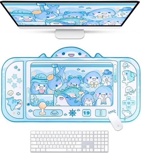 Amazon.com : BelugaDesign Shark Desk Pad | Kawaii Cute Anime Keyboard Desktop PC Laptop Gaming Writing Pad | Aquarium Switch Ocean Large Mousepad Mat Non-Slip | Machine Washable Pastel Blue White Blotter Protector : Office Products Cute Ocean Animals, Anime Keyboard, Adorable Shark, Ocean Aquarium, Keyboard Gaming, Blue Desk, Island Theme, Cute Shark, Shark Party