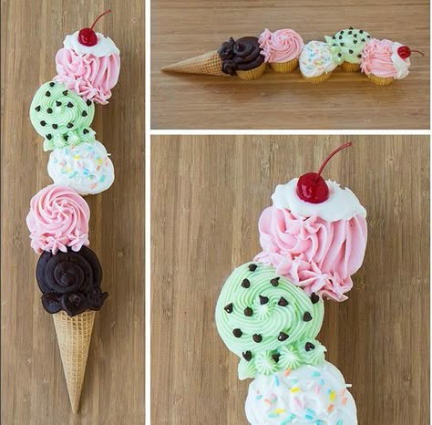 Shaped Cakes Ideas, Ice Cream Cone Cupcake, Cupcake Ice Cream Cones, Cupcakes Design, Ice Cream Cone Cupcakes, Ice Cream Cone Cake, Pull Apart Cupcake Cake, Summer Cupcakes, Cupcake Cones