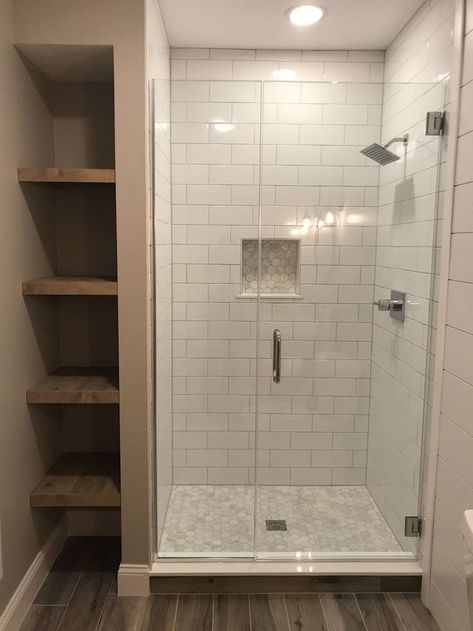 Bathroom Walk In Shower Ideas, Bathroom Shower Shelves, Walk In Shower Ideas, Basement Bathroom Remodeling, Rest Room, Bathroom Redesign, Bathroom Remodel Designs, Bathroom Remodel Shower, Shower Shelves