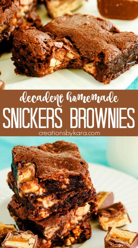 Creations By Kara, Snicker Brownies, Snickers Candy Bar, Snickers Candy, Quick Recipes Easy, Cookie Brownie, Homemade Snickers, Gooey Caramel, Chewy Brownies