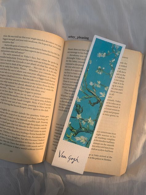 Van Gogh artistic pleasing handmade light blue bookmark inspiration handpainted aesthetic art calming artwork art inspiration Bookmark Ideas Aesthetic Vintage, Book Mark Ideas Aesthetic, Van Gogh Cherry Blossoms, Van Gogh Bookmarks, Ghibli Bookmark, Canvas Bookmarks, Beautiful Pencil Sketches, Van Gogh Gifts, Handmade Bookmarks Diy