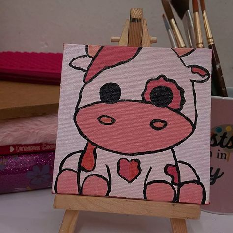 Cutsy cowpink asthetic artsy pretty pink room decor acrylic painting on canvas 💗 Pink Small Canvas Paintings, Pink Painting Ideas On Canvas Easy, Asthetic Paintings On Mini Canvas, Strawberry Cow Painting Canvas, Cute Drawings Canvas, Simple Pretty Paintings Canvas Ideas, Pink Mini Canvas Paintings, Asthetic Paintings For Room, Cute Girly Canvas Paintings