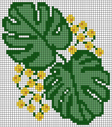 Pixel Plants Art, Monstera Leaf Pixel Art, Plant Alpha Pattern, Plants Pixel Art, Pixel Art Plants, Plant Pixel Art, Blouse Free Pattern, Tapestry Crafts, Grid Crochet