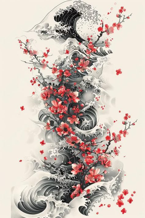 Traditional Japanese Tattoo Sleeve, Tattoo Japonais, Japanese Tattoo Sleeve, Japanese Tattoo Ideas, Blossom Tree Tattoo, Japanese Back Tattoo, Tattoo Japanese Style, Tattoo Designs Drawings, Traditional Japanese Tattoo