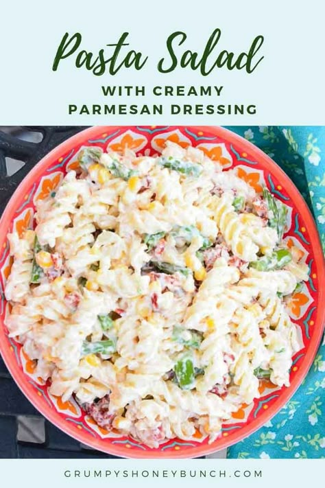 Pasta Salad with Creamy Parmesan Dressing - Grumpy's Honeybunch Pasta Salad With Asparagus, Creamy Parmesan Dressing, Salad Parmesan, Parmesan Pasta Salad, Corn Asparagus, Blanched Asparagus, Salad With Asparagus, Pasta Parmesan, Buffalo Chicken Pasta Salad