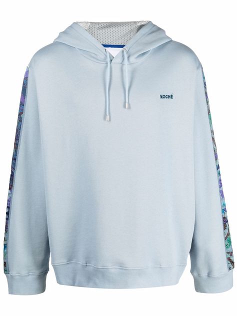 Light blue cotton embroidered-logo cotton hoodie from Koché featuring jersey fleece, embroidered logo, side stripe detailing, long sleeves, buttoned cuffs, drawstring hood and straight hem. When buying this unisex item, keep in mind that it is graded in standard men's sizing.. Hoodies For Women, Designer Hoodies, Cotton Hoodie, Side Stripe, Curator Style, Mens Sweatshirts, Long Sleeve Tops, Light Blue, Athletic Jacket