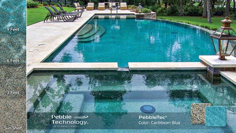 Caribbean Blue - PebbleTec Pool Finishes Pebble Tech Pool, Pebble Tech, Pebble Tec Pool, Blue Bathroom Ideas, Carribean Blue, Home Manifestation, Backyard Goals, Oasis Pool, Glass Pool Tile