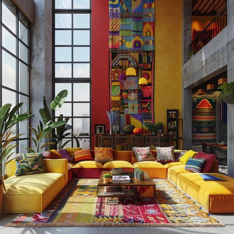 Modern Colorful Interior Design Focused on Mediterranean Warmth • 333+ Inspiring Lifestyle Ideas Mexican Eclectic Decor, Mexican Living Room, Fun Interior Design, Spanish Interior Design, Columns Decor, Spanish Interior, Inspiring Lifestyle, Colorful Interior, Colorful Interior Design