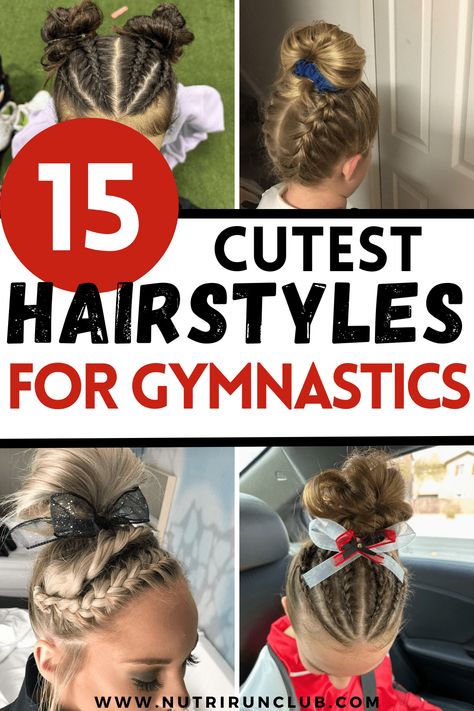 The Best Hairstyles for Gymnastics - NUTRI RUN CLUB Hair For Gymnastics Meets, Competitive Cheer Hairstyles, Gymnastics Hair For Practice, Gymnastics Competition Hairstyles, Cute Gymnastics Hairstyles, Gymnastic Hairstyles For Kids, Gymnast Hairstyles, Easy Gymnastics Hairstyles, Dance Recital Hairstyles