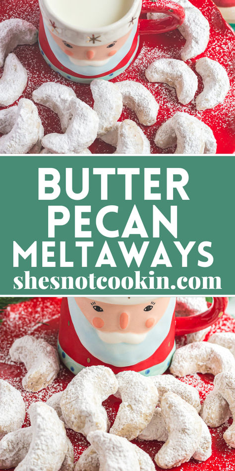 Butter pecan meltaway cookies on a red plate. Butter Pecan Meltaway Cookies, Pecan Meltaway Cookies, Pecan Meltaways, Pecan Sandies Cookies, Chex Mix Recipes Sweet, Everyday Cookies, Cute Christmas Desserts, Best Easy Dessert Recipes, Meltaway Cookies