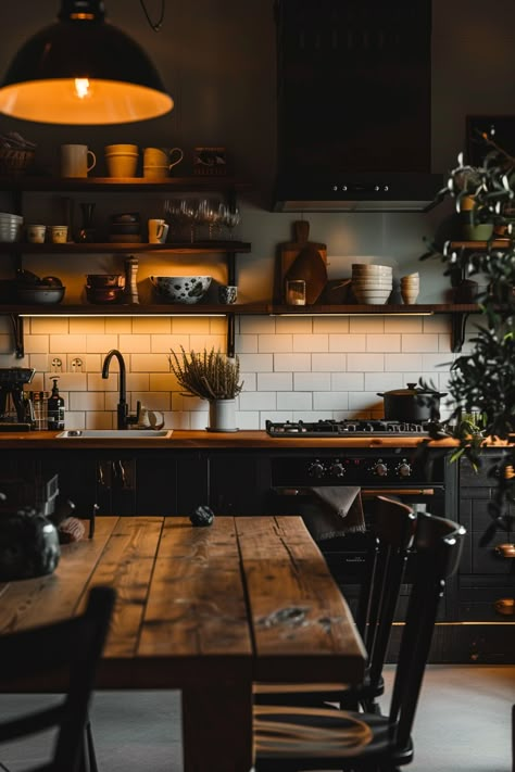 Farmhouse Kitchen Aesthetic, Farmhouse Kitchen Island Ideas, Black Farmhouse Kitchen, Custom Farmhouse Table, Outdated Kitchen, Moody Kitchen, Minimalist Bedroom Decor, Charming Farmhouse, Minimalist Kitchen Design