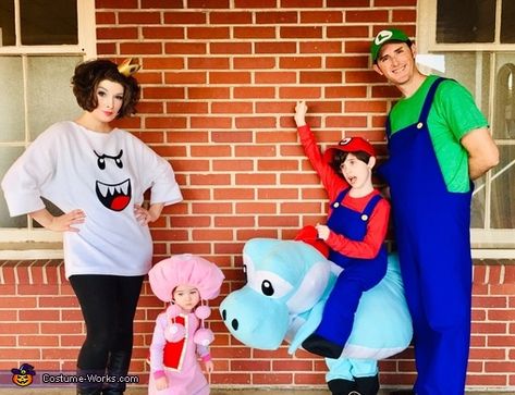 Holly: Our family costume theme this year was Super Mario Bros. chosen by my son, Landon. Being on a budget and knowing the difficulty of making my first illusion costume, I... Kids Mario Costume, Mario Character Costumes, Mario Costume Diy, Mario Brothers Costumes, Mario Bros Costume, Mario Halloween Costumes, Super Mario Costumes, Boo Costume, Ghostbusters Party