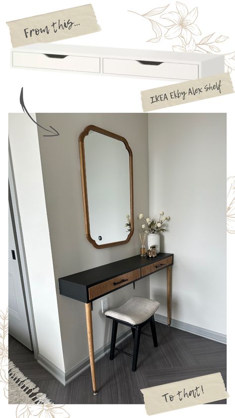 Create a slim small-space vanity with some black paint, pole wrap, and new hardware! Ikea Ekby Alex Vanity, Ekby Alex Ikea, Ekby Alex Vanity, Alex Vanity, Ikea Paint, Ikea Ekby, Pole Wrap, Diy Vanity, Hallway Ideas